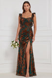 Terracotta Sweetheart Burnout Velvet Mermaid Long Bridesmaid Dress with Side Slit