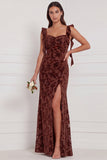 Terracotta Sweetheart Burnout Velvet Mermaid Long Bridesmaid Dress with Side Slit