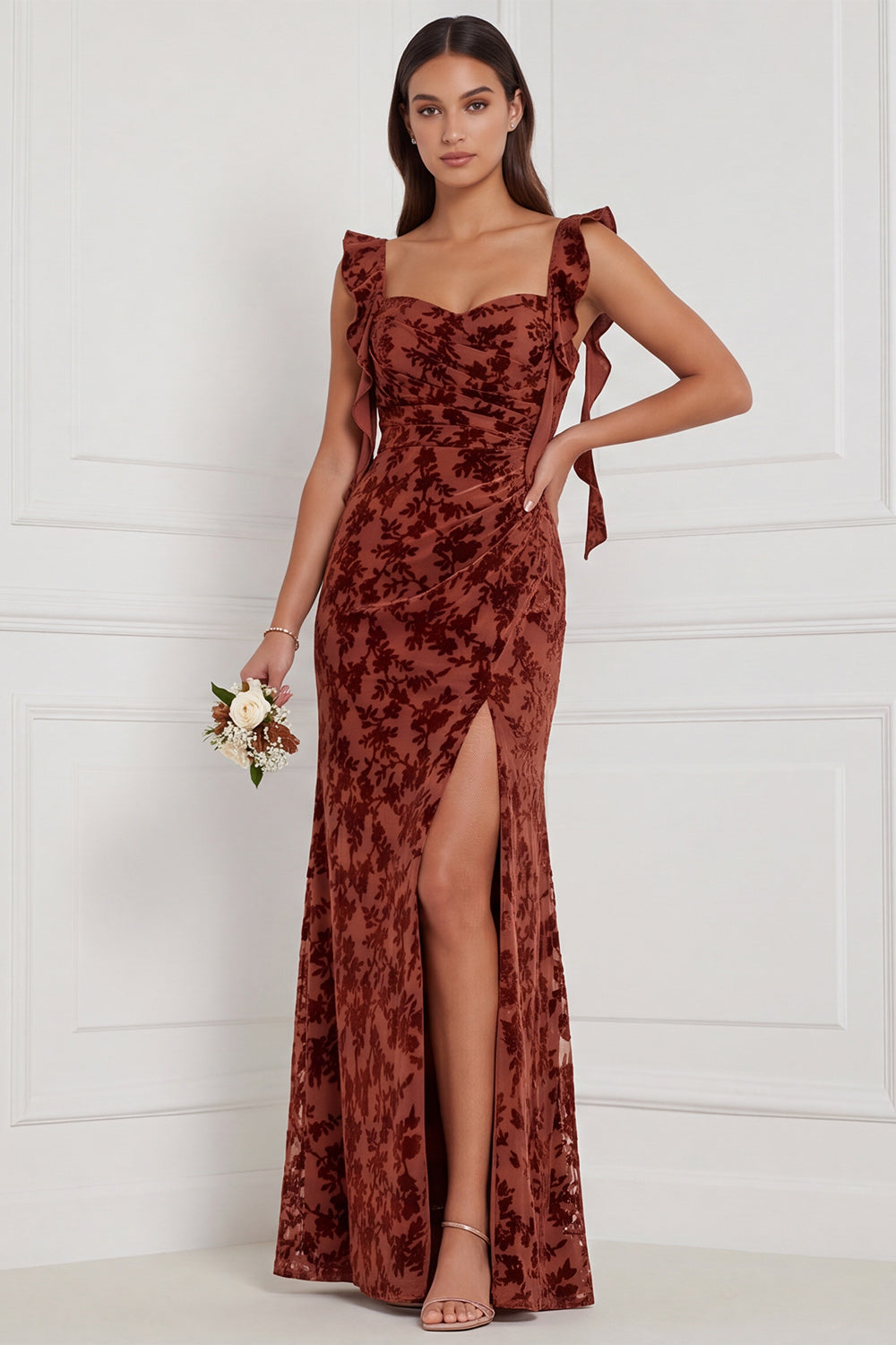 Terracotta Sweetheart Burnout Velvet Mermaid Long Bridesmaid Dress with Side Slit