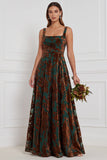 Brown Square Neck A-Line Ruched Burnout Velvet Long Bridesmaid Dress