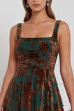 Brown Square Neck A-Line Ruched Burnout Velvet Long Bridesmaid Dress