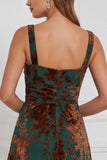 Brown Square Neck A-Line Ruched Burnout Velvet Long Bridesmaid Dress