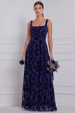 Brown Square Neck A-Line Ruched Burnout Velvet Long Bridesmaid Dress
