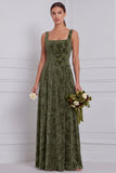 Brown Square Neck A-Line Ruched Burnout Velvet Long Bridesmaid Dress
