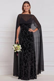 Black Burnout Velvet Sheath V-Neck Long Bridesmaid Dress with Cape