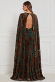 Black Burnout Velvet Sheath V-Neck Long Bridesmaid Dress with Cape