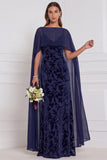 Black Burnout Velvet Sheath V-Neck Long Bridesmaid Dress with Cape