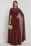 Black Burnout Velvet Sheath V-Neck Long Bridesmaid Dress with Cape