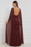 Black Burnout Velvet Sheath V-Neck Long Bridesmaid Dress with Cape
