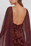 Black Burnout Velvet Sheath V-Neck Long Bridesmaid Dress with Cape