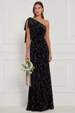 Dark Green Sheath One Shoulder Burnout Velvet Long Bridesmaid Dress with Bow