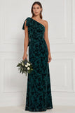 Dark Green Sheath One Shoulder Burnout Velvet Long Bridesmaid Dress with Bow