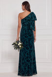 Dark Green Sheath One Shoulder Burnout Velvet Long Bridesmaid Dress with Bow