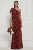 Dark Green Sheath One Shoulder Burnout Velvet Long Bridesmaid Dress with Bow