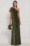 Dark Green Sheath One Shoulder Burnout Velvet Long Bridesmaid Dress with Bow