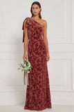 Dark Green Sheath One Shoulder Burnout Velvet Long Bridesmaid Dress with Bow