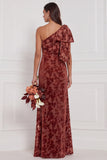 Dark Green Sheath One Shoulder Burnout Velvet Long Bridesmaid Dress with Bow