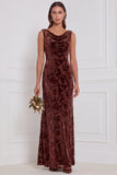 Olive Sheath Cowl Neck Burnout Velvet Long Bridesmaid Dress