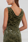 Olive Sheath Cowl Neck Burnout Velvet Long Bridesmaid Dress