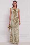 Olive Sheath Cowl Neck Burnout Velvet Long Bridesmaid Dress