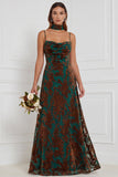 Brown Burnout Velvet A-Line Cowl Neck Long Bridesmaid Dress