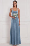 Dusty Sage A-Line Square Neck Velvet Long Bridesmaid Dress