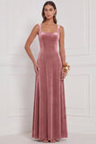 Dusty Sage A-Line Square Neck Velvet Long Bridesmaid Dress