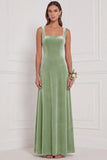 Dusty Sage A-Line Square Neck Velvet Long Bridesmaid Dress