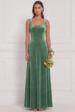 Dusty Sage A-Line Square Neck Velvet Long Bridesmaid Dress