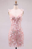 Pink Corset Sheath Sweetheart Floral Short Homecoming Dress