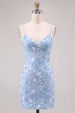 Light Blue Sheath V-Neck Floral Short Homecoming Dress with Sequins