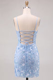 Light Blue Sheath V-Neck Floral Short Homecoming Dress with Sequins