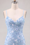 Light Blue Sheath V-Neck Floral Short Homecoming Dress with Sequins