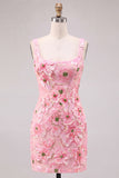 Pink Sheath Square Neck Floral Short Homecoming Dress with Appliques