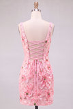 Pink Sheath Square Neck Floral Short Homecoming Dress with Appliques
