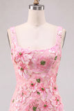 Pink Sheath Square Neck Floral Short Homecoming Dress with Appliques