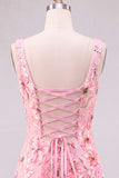Pink Sheath Square Neck Floral Short Homecoming Dress with Appliques