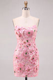 Pink Sheath Strapless Floral Short Homecoming Dress