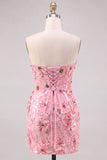 Pink Sheath Strapless Floral Short Homecoming Dress