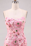 Pink Sheath Strapless Floral Short Homecoming Dress