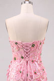 Pink Sheath Strapless Floral Short Homecoming Dress