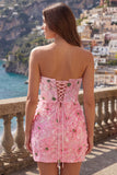 Pink Sheath Strapless Floral Short Homecoming Dress