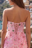 Pink Sheath Strapless Floral Short Homecoming Dress