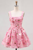 Pink A-Line Square Neck Floral Short Homecoming Dress