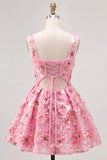 Pink A-Line Square Neck Floral Short Homecoming Dress