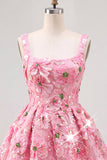 Pink A-Line Square Neck Floral Short Homecoming Dress