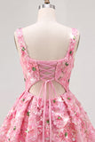 Pink A-Line Square Neck Floral Short Homecoming Dress