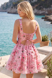 Pink A-Line Square Neck Floral Short Homecoming Dress