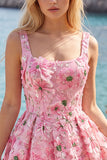 Pink A-Line Square Neck Floral Short Homecoming Dress