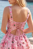 Pink A-Line Square Neck Floral Short Homecoming Dress
